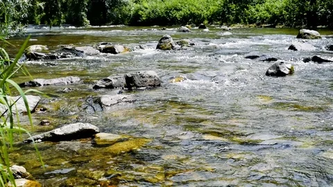 Spring river in the city flowing between rocks, Freiburg Germany , slow motion Stock Footage 121687301
