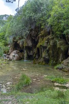 The spring of river Cuervo (Nacimiento del Rio Cuervo) in Cuenca, Castilla La Stock Photos