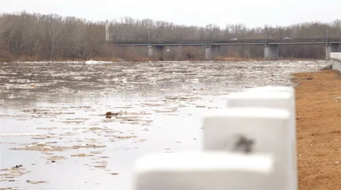 Spring river with dirty brown water and ice. floating of ice Stock Footage 65115979