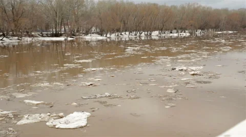 Spring river with dirty brown water and ice. floating of ice Video stock 65116609