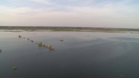 Spring river flood and sky landscape aerial view Stock Footage 73027151
