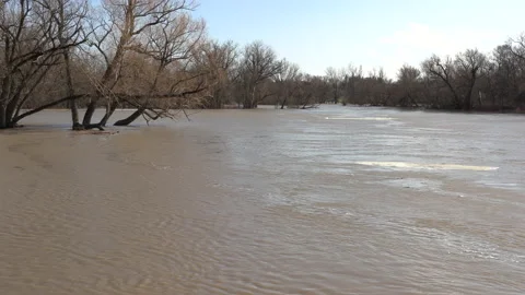 Spring river flooding during record warm temperatures in Ontario Canada Stock Footage 150290494