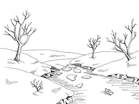 Spring river graphic black white landscape sketch illustration vector Stock Illustration
