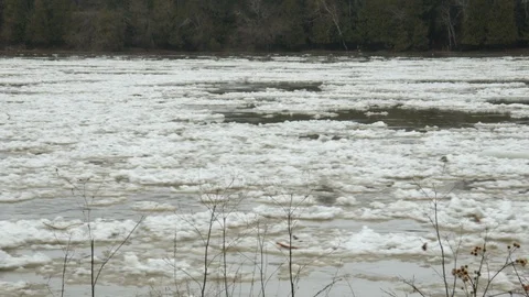 Spring river ice flowing winter side view fast water 4k Stock Footage 108642229