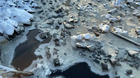 Spring river ice melt reveals stunning rocky landscape and dark waters 스톡 동영상 300184298