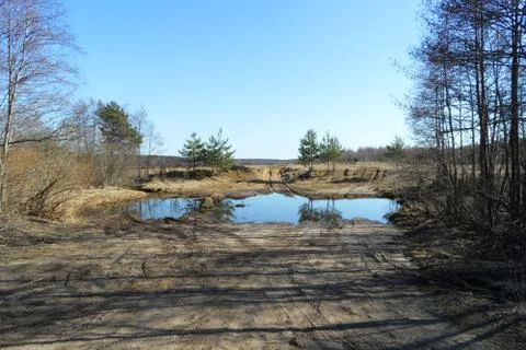 Spring road in the forest with a huge puddle of impassable mud on a Sunny spr Stock Photos