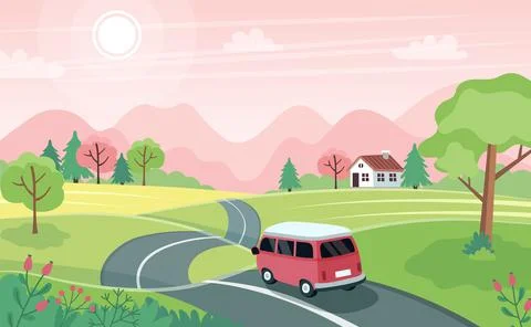 Spring road trip. Landscape with a cute car on the road. Vector illustration in 库存插图