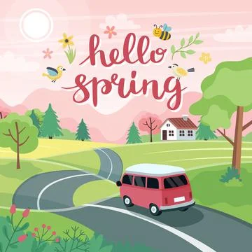 Spring road trip. Landscape with a cute car on the road and lettering. Vector Stock Illustration