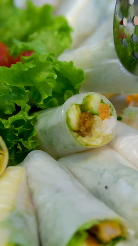Spring roll with chicken or shrimps in rice paper with sweet and sour sauce Stock Footage 277268561