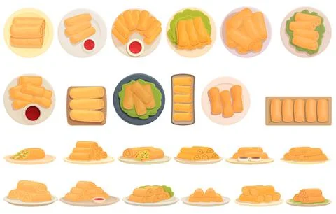 Spring roll icons set cartoon vector. Asia food Stock Illustration