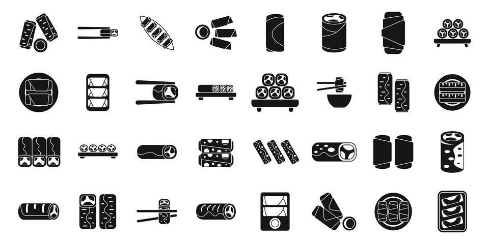 Spring roll icons set simple vector. Food asia sauce Stock Illustration