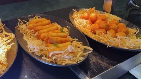 Spring Rolls And Fried Appetizers At Buffet Stock Footage 344548727
