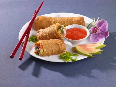 Spring rolls with chilli sauce Stock Photos