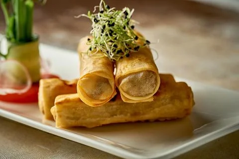 Spring rolls with meat fried in a deep fryer. Close-up, post-production noise Stock Photos