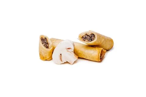 Spring-rolls with mushrooms on a white background 스톡 사진