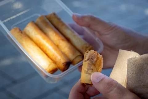 Spring rolls in a plastic takeaway container Stock Photos