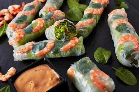 Spring Rolls on a slate tray, close-up Stock Photos