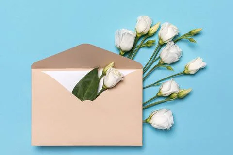 Spring romantic concept. Flat lay branch of flower lisantius or eustoma of wh 스톡 사진