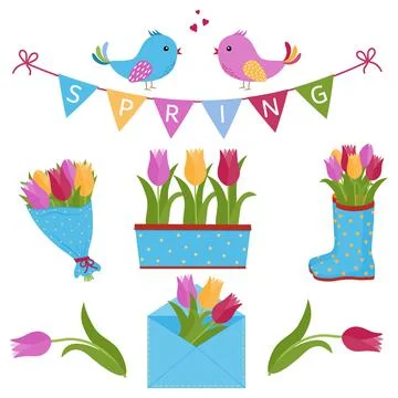 Spring romantic set of tulips, isolated vector illustration Stock Illustration
