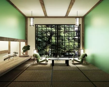 Spring room with bonsai tree and low table on tatami mat and window view Spri Illustrazione stock