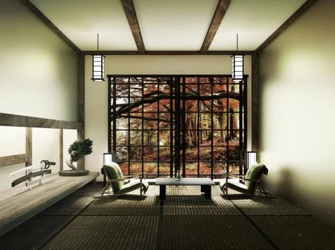 Spring room with bonsai tree and low table on tatami mat and window view Spri Illustrazione stock