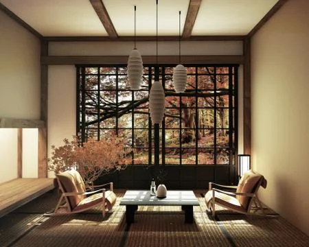Spring room with bonsai tree and low table on tatami mat and window view Spri Illustrazione stock