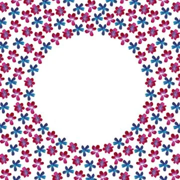 Spring round frame made of watercolor flowers of turquoise and purple colors Stock Illustration
