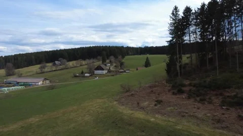 Spring rural landscape aerial view sunny countryside panorama Germany Stock Footage 332369718