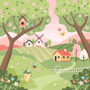 Spring rural landscape with trees, fields, houses and windmill. Easter Stock Illustration