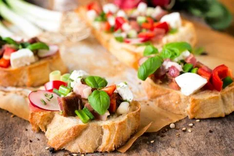 Spring salad bruschetta Stock Photos