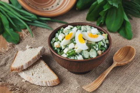 Spring salad with wild leak, eggs and mayonnaise in rustic style bowl Stock Photos