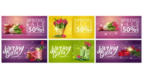Spring sale, up to 50% off, set of spring discount horizontal banners with bo Stock Illustration