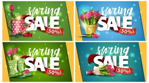 Spring sale, up to 50% off, set of spring horizontal discount banners with la Stock Illustration
