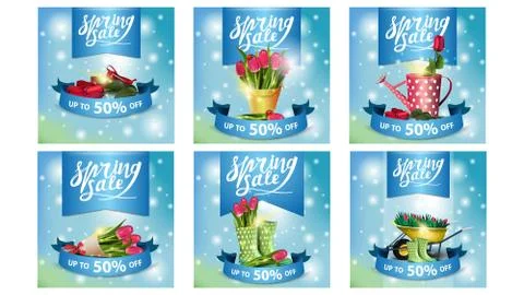 Spring sale, up to 50% off, set of spring blue discount square banners with f Stock Illustration