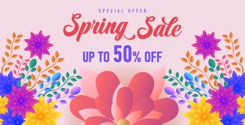 Spring Sale Up to 50 Off. Spring offer sale web banner greeting card background Stock Illustration