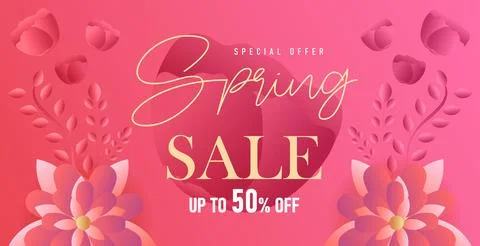 Spring Sale Up to 50 Off. Spring offer sale web banner greeting card background Stock Illustration