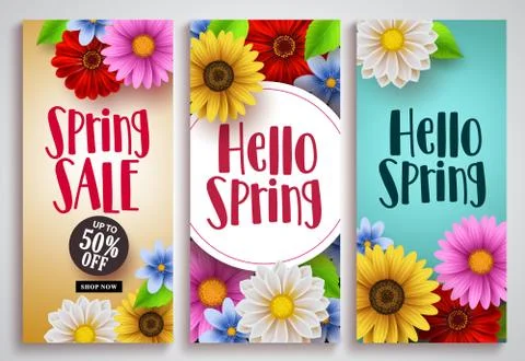 Spring sale and hello spring vector poster set designs Stock Illustration
