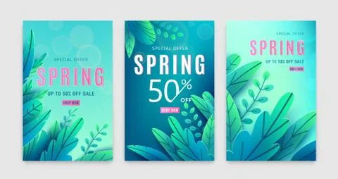 Spring sale background. Springtime discount poster set with bright green blue Stock Illustration