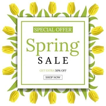 Spring Sale Banner Template Background with Yellow Tulips. Vector illustration. Illustrazione stock