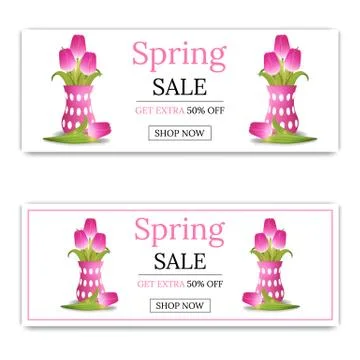 Spring Sale Banner Template Background with Bouquet of Tulips. Vector. Illustrazione stock