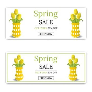 Spring Sale Banner Template Background with Bouquet of Tulips. Vector. Illustrazione stock