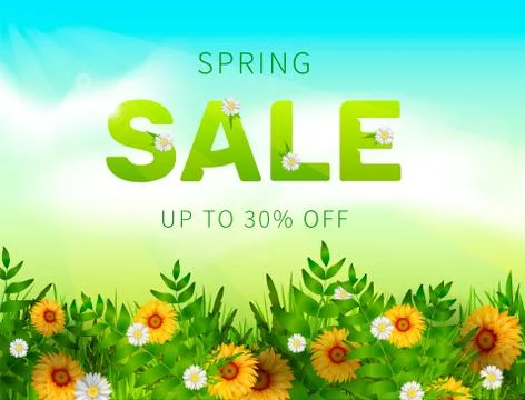 Spring Sale collection. Vector background with sun, chamomile, grass and ribbon Stock Illustration