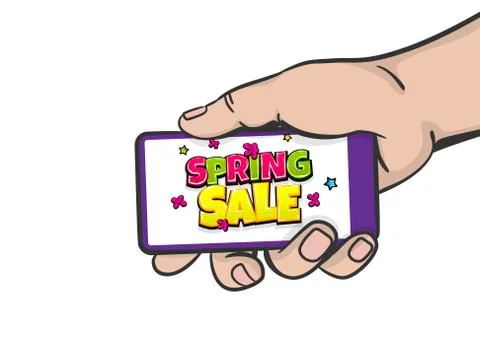 Spring sale comic text hold smartphone Stock Illustration
