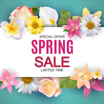 Spring Sale Cute Background with Colorful Flower Elements. Vector Illustration Stock Illustration