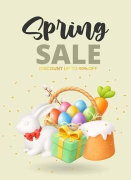 Spring sale Easter banner with bunny, gift box, cake and colorful eggs. 3D 스톡 일러스트