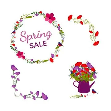 Spring SALE Flower frame banner with bird, watering can and colorful flowers. Stock Illustration