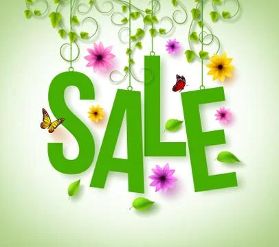 Spring Sale Hanging with Vector Vines, Flowers and Flying Butterflies Stock Illustration