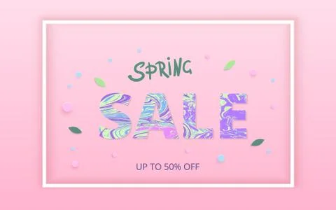 Spring Sale horizontal banner on pink background with frame. Creative liquid  Stock Illustration