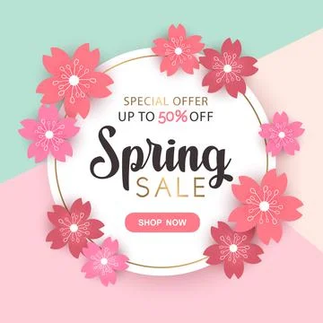 Spring sale round vector banner with pink cherry flowers and frame isolated o Stock Illustration