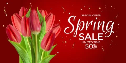 Spring Sale Template Poster Background with realistic Tulip Flower. Vector Il Stock Illustration
